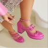 SACFOF Chunky High Heel Bow Pumps for Women Platform Round Toe Ankle Strap Mary Jane Patent Leather Dressy Shoes view 3