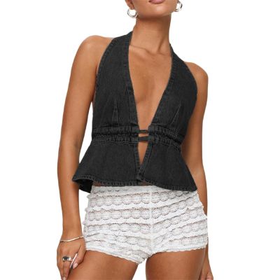 Women's Y2K Denim Tank Tops Tie-up Sleeveless Halter Jeans Tops Sexy Backless Denim Vest Going Out Tops Streetwear (Black, XL)