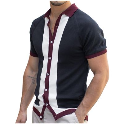 amaon Essentials Mens Casual Short Sleeve Knit Breathable Shirts Vintage Vertical Striped Color Block Lightweight Knitting Golf Shirts Navy