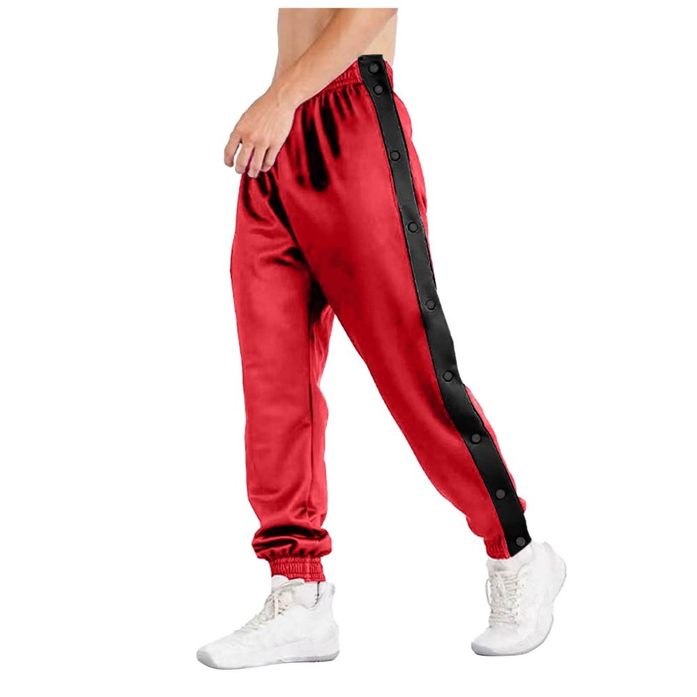 Mens Tear-Away Basketball Pants High Split Snap Button Post-Surgery Casual Sweatpants Red