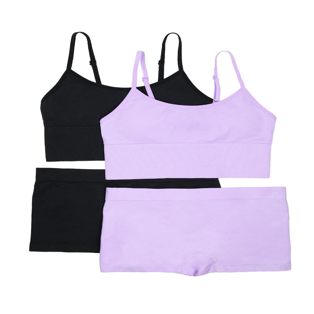 Fruit of the Loom Girls Seamless Longline Bra & Matching Boyshort Panty Set 2 Pack Stellar Orchid/Black Hue XS