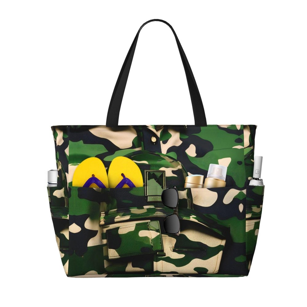 SSIMOO Green Army Digital Camouflage Print Spacious Travel Beach Bag,Versatile Anti-Sand Beach Tote,For All Your Needs, Black