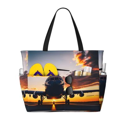 Aircraft Plane At Sunset Print Spacious Travel Beach Bag,Versatile Anti-Sand Beach Tote,For All Your Needs