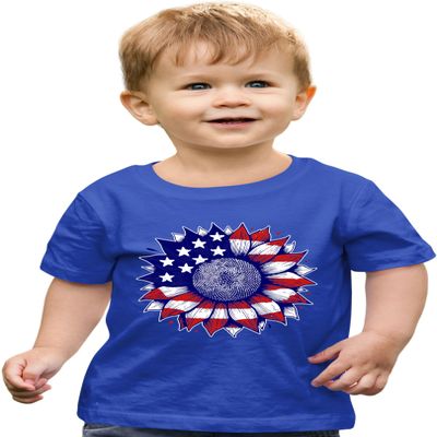 5T Royal Toddler Cute Sunflower USA Flag Star & Stripes July 4th Toddler T-Shirt