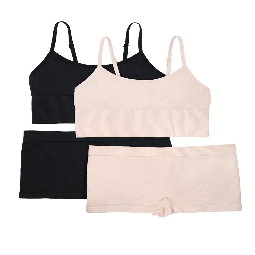 Fruit of the Loom Girls Seamless Longline Bra & Matching Boyshort Panty Set 2 Pack Rose Shadow/Black Hue XL