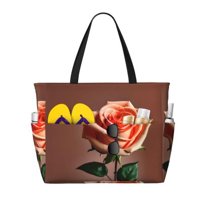 SSIMOO Orange Red Rose Print Spacious Travel Beach Bag,Versatile Anti-Sand Beach Tote,For All Your Needs, Black
