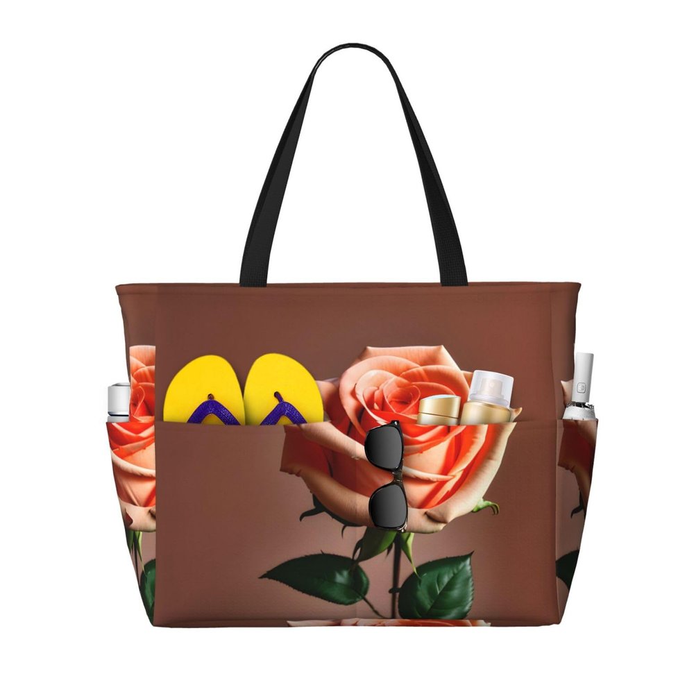 SSIMOO Orange Red Rose Print Spacious Travel Beach Bag,Versatile Anti-Sand Beach Tote,For All Your Needs, Black