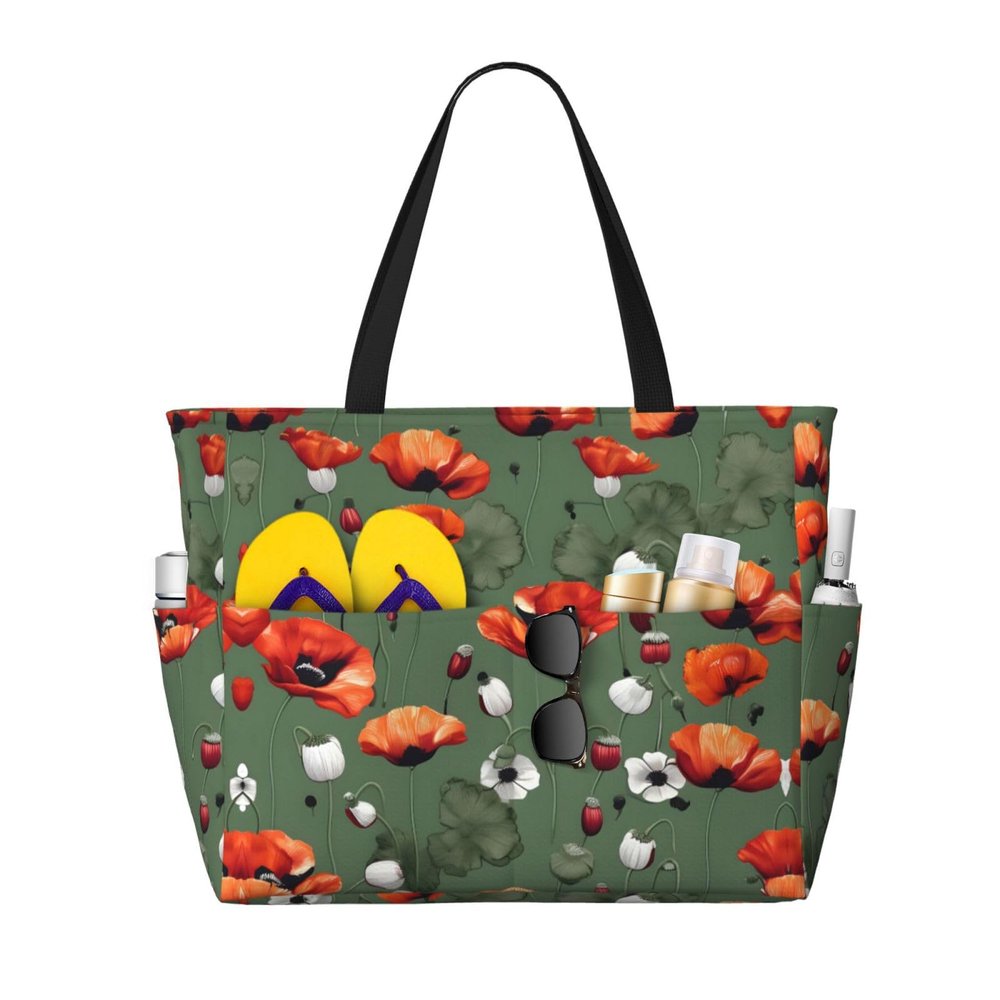 Poppy Flower Pattern Print Versatile Large Beach Travel Bag,Anti-Sand Beach Carry Bag For Various Needs