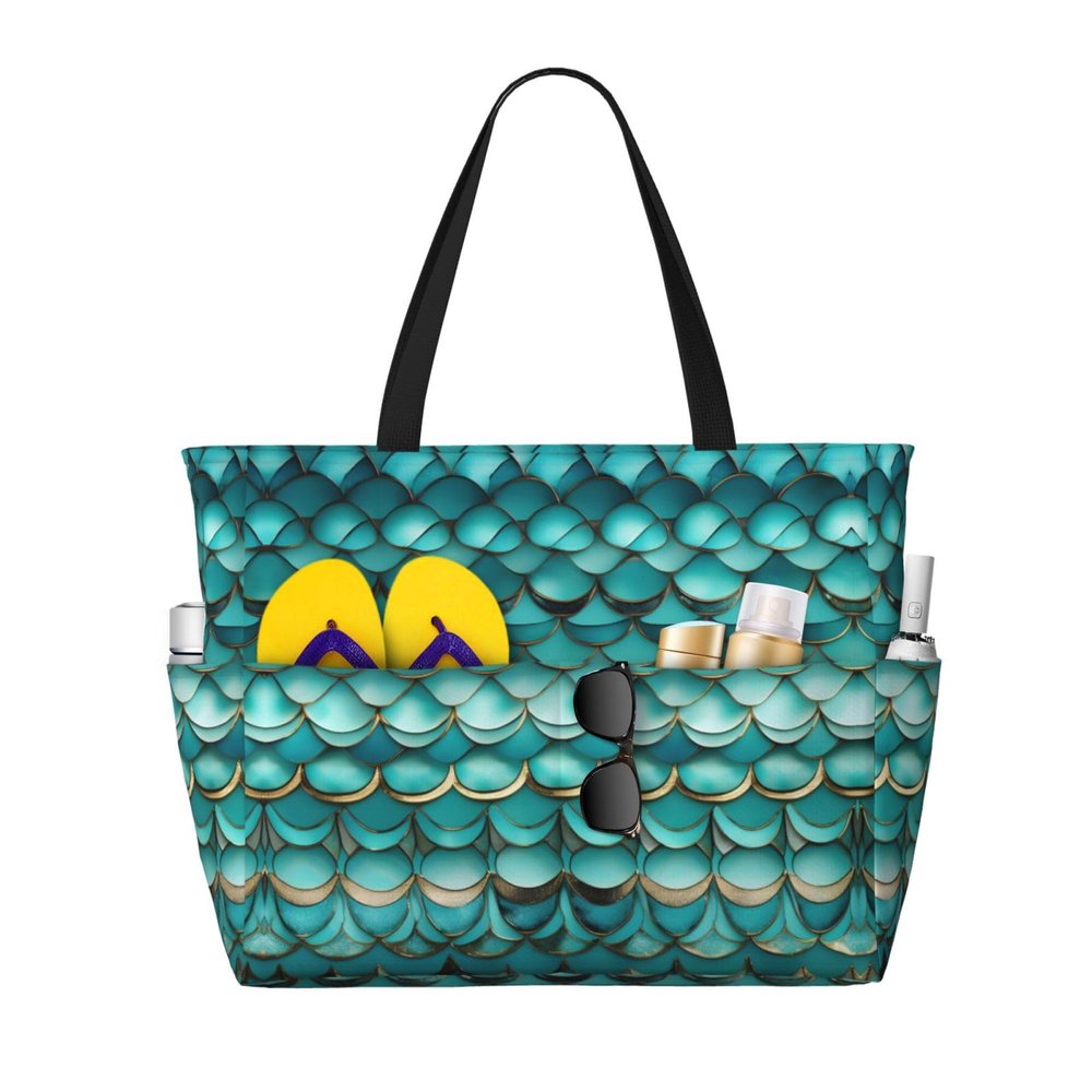 Mermaid Teal Fish Scale Print Versatile Large Beach Travel Bag,Anti-Sand Beach Carry Bag For Various Needs