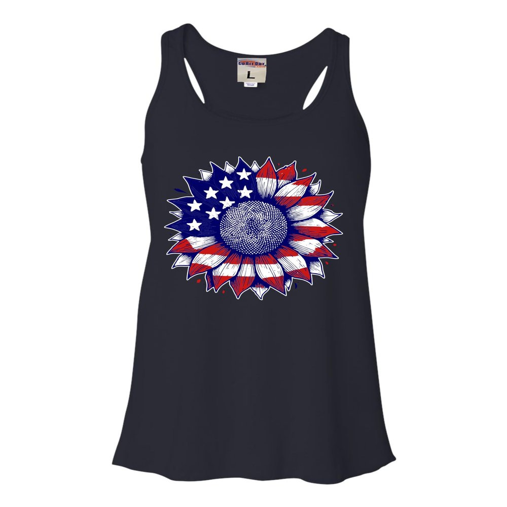 Go All Out XX-Large Navy Blue Women Flowy Cute Sunflower USA Flag Star & Stripes July 4th Sleeveless Tank Top T-Shirt
