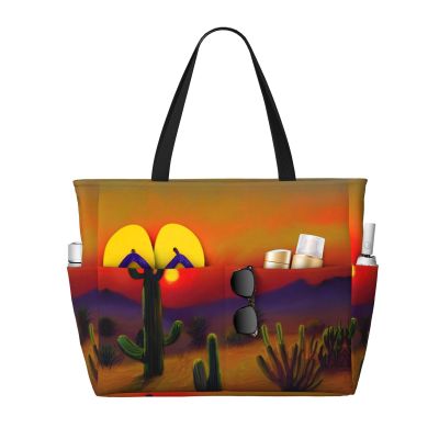 Sunset Cactus In Desert Print Spacious Travel Beach Bag,Versatile Anti-Sand Beach Tote,For All Your Needs