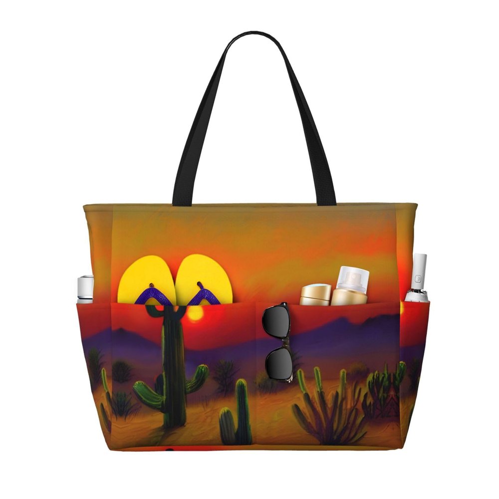 Sunset Cactus In Desert Print Spacious Travel Beach Bag,Versatile Anti-Sand Beach Tote,For All Your Needs