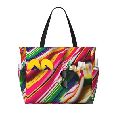 Rainbow Stripe Print Spacious Hand-Held Tote,Sand-Resistant Beach Carry Bag For Fashionable Ladies