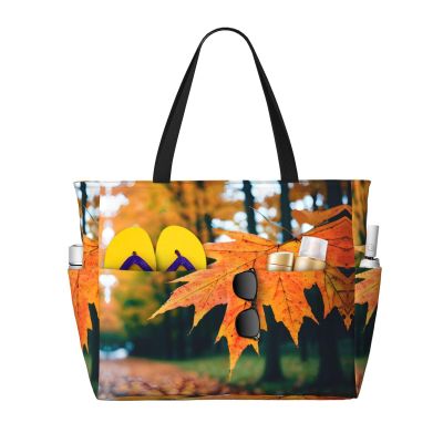 Autumn Pattern Print Spacious Hand-Held Tote,Sand-Resistant Beach Carry Bag For Fashionable Ladies