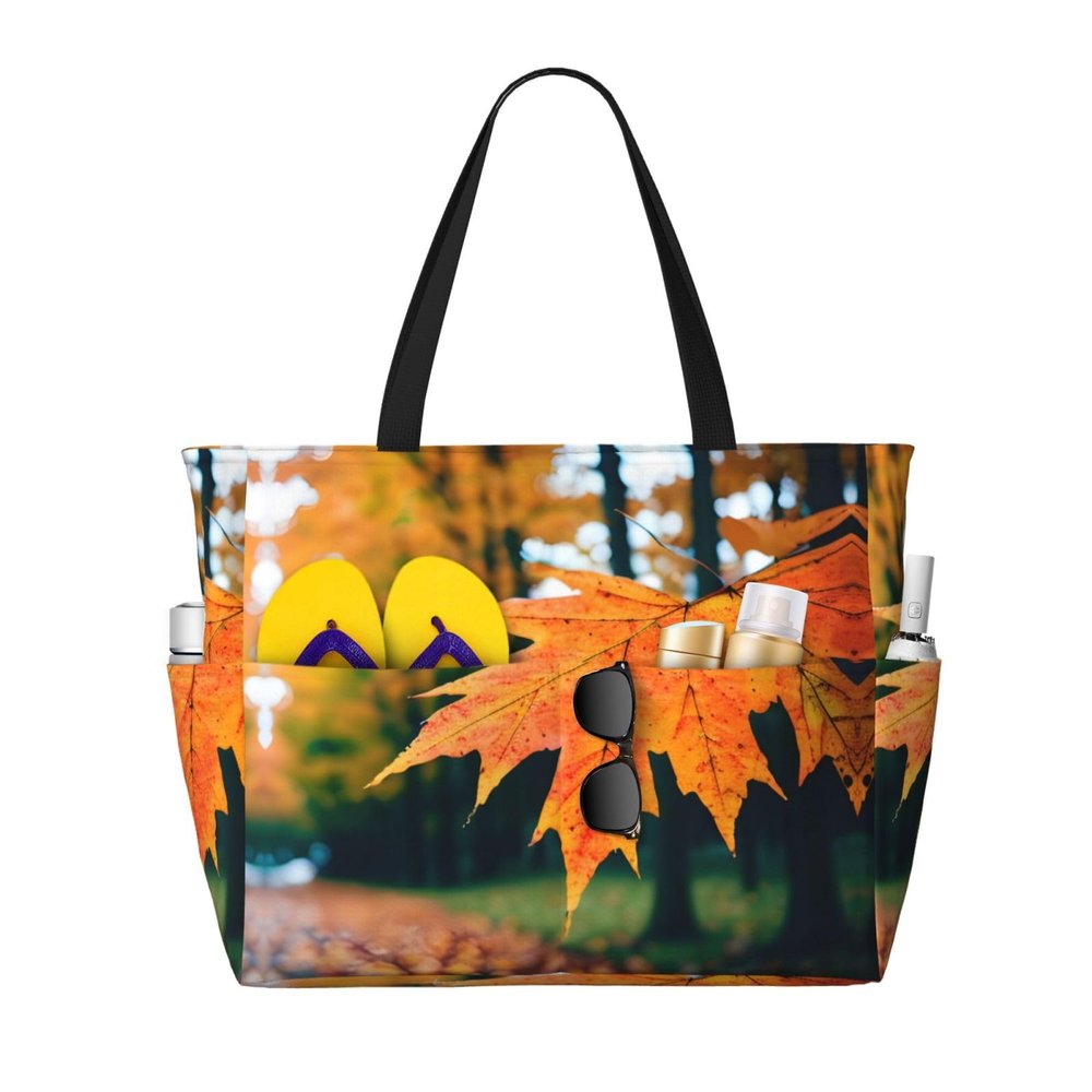 Autumn Pattern Print Spacious Hand-Held Tote,Sand-Resistant Beach Carry Bag For Fashionable Ladies