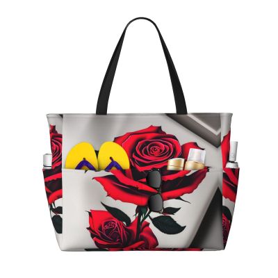 SSIMOO Red Rose Print Anti-Sand Beach Tote Bag,Versatile And Stylish For All Your Adventures, Black