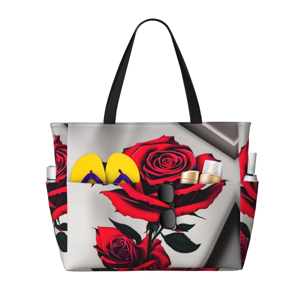 SSIMOO Red Rose Print Anti-Sand Beach Tote Bag,Versatile And Stylish For All Your Adventures, Black