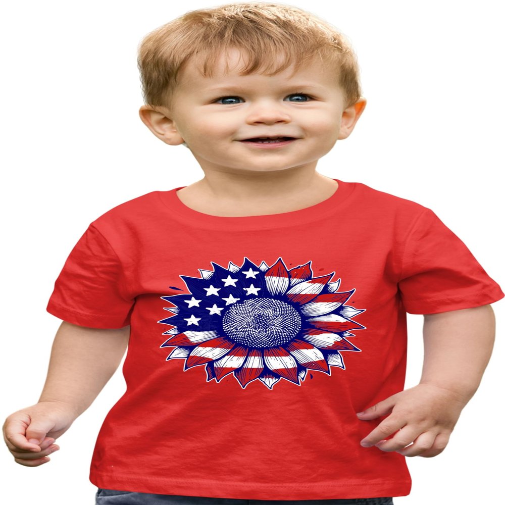 5T Red Toddler Cute Sunflower USA Flag Star & Stripes July 4th Toddler T-Shirt