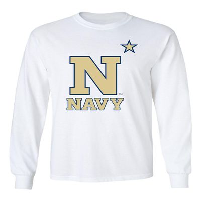 CornBorn Navy Mens Apparel - Long Sleeve US Naval Academy Star Logo - White - Large