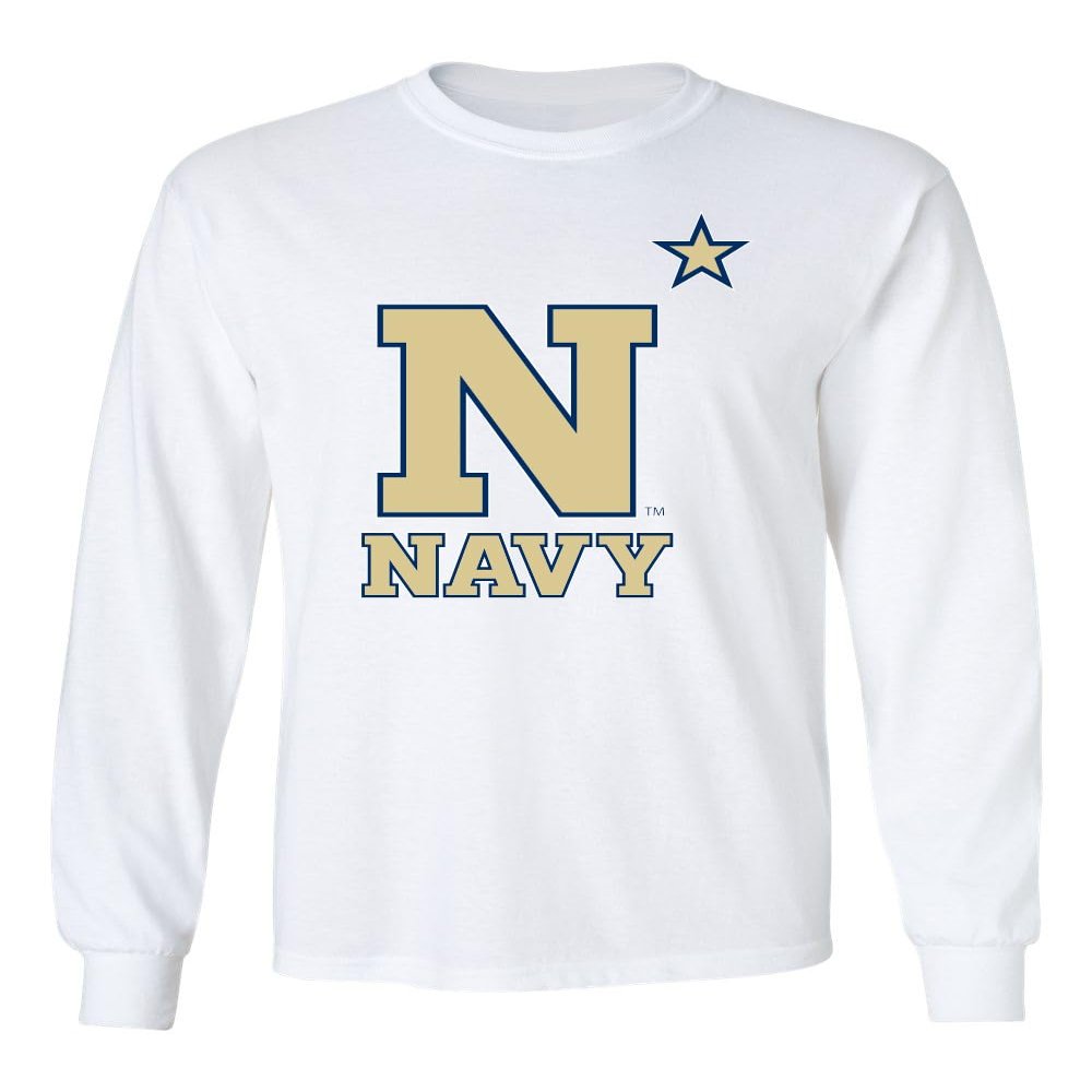 CornBorn Navy Mens Apparel - Long Sleeve US Naval Academy Star Logo - White - Large