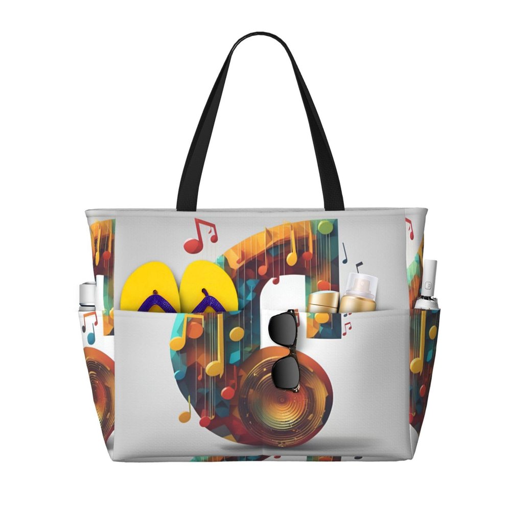 SSIMOO Music Note Print Anti-Sand Beach Tote Bag,Versatile And Stylish For All Your Adventures, Black