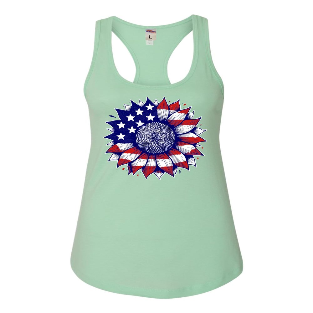 Go All Out Medium Mint Women Fitted Cute Sunflower USA Flag Star & Stripes July 4th Sleeveless Tank Top T-Shirt