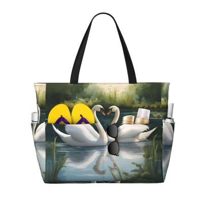 Beautiful White Swans On The Lake Print Anti-Sand Beach Tote Bag,Versatile And Stylish For All Your Adventures