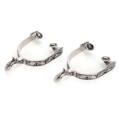 Sunicon 1 Pair Horse Spurs, Boot Spurs Roller Ball Spurs, Western Cowboy Spurs Stainless Steel Silver Engraved Bumper Spurs Style Horse Boot Spurs with Gear for Horse Training