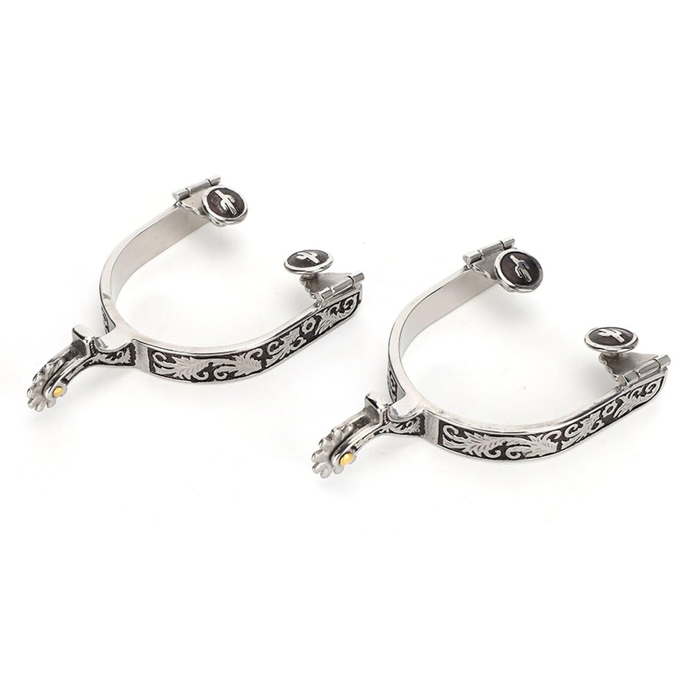 Sunicon 1 Pair Horse Spurs, Boot Spurs Roller Ball Spurs, Western Cowboy Spurs Stainless Steel Silver Engraved Bumper Spurs Style Horse Boot Spurs with Gear for Horse Training