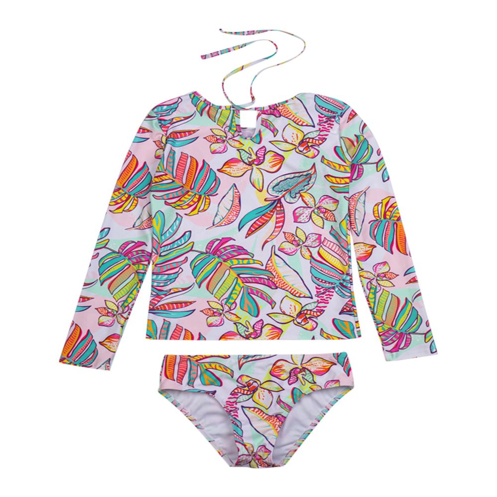 Gottex Kids Toddler and Little Girls Palm Island Rainbow Tropical Leaf Print Two Piece Rash Guard Long Sleeve Swimsuit UV Sun Protection Bathing Suit for Girl