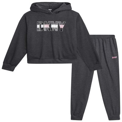 DKNY Girls Sweatpants Set - 2 Piece Active Fleece Girls Sweatshirt and Jogger Youth Kids Sweatpants Matching Set (4-16), Size 4, Charcoal Heather