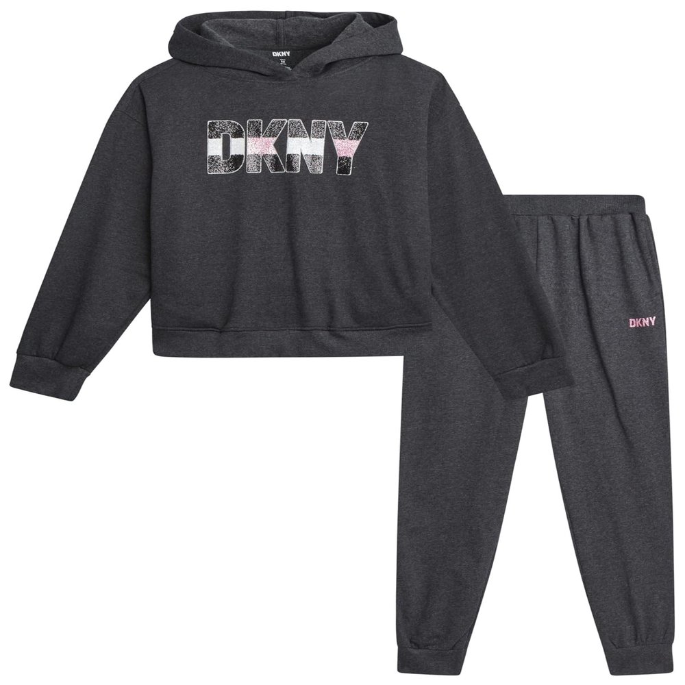 DKNY Girls Sweatpants Set - 2 Piece Active Fleece Girls Sweatshirt and Jogger Youth Kids Sweatpants Matching Set (4-16), Size 4, Charcoal Heather