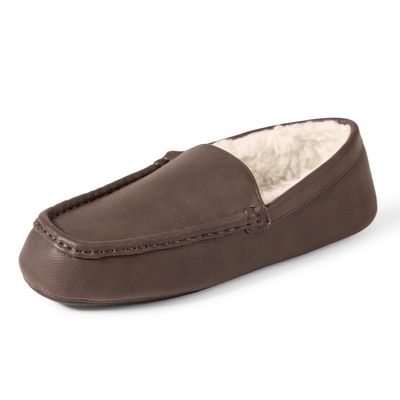 Amazon Essentials Men's Memory Foam Moccasin Slippers, Dark Brown Faux Leather, 12