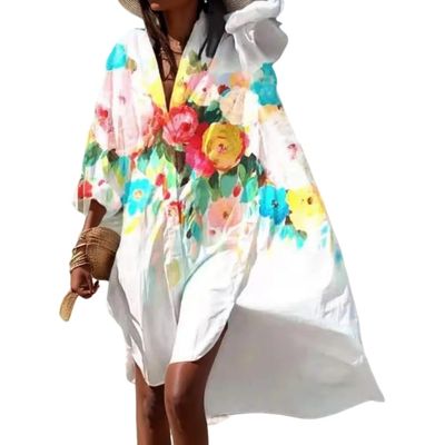Akivide Women's Flowy Boho Floral Print Button Down Midi Shirt Dress Casual Loose Long Sleeve Lapel Plus Size Tshirt Dresses, 4X-Large