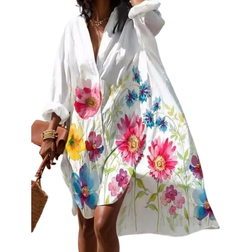 Akivide Women's Flowy Boho Floral Print Button Down Midi Shirt Dress Casual Loose Long Sleeve Lapel Plus Size Tshirt Dresses, X-Large