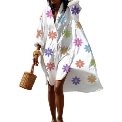 Akivide Women's Flowy Boho Floral Print Button Down Midi Shirt Dress Casual Loose Long Sleeve Lapel Plus Size Tshirt Dresses, Small