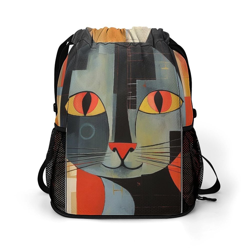 NQLYUT Drawstring Backpack Sports Gym Bag Resistant Sackpack Orange Red Eyes Cat String Bag for Women Men, 45.5x41.5x36cm