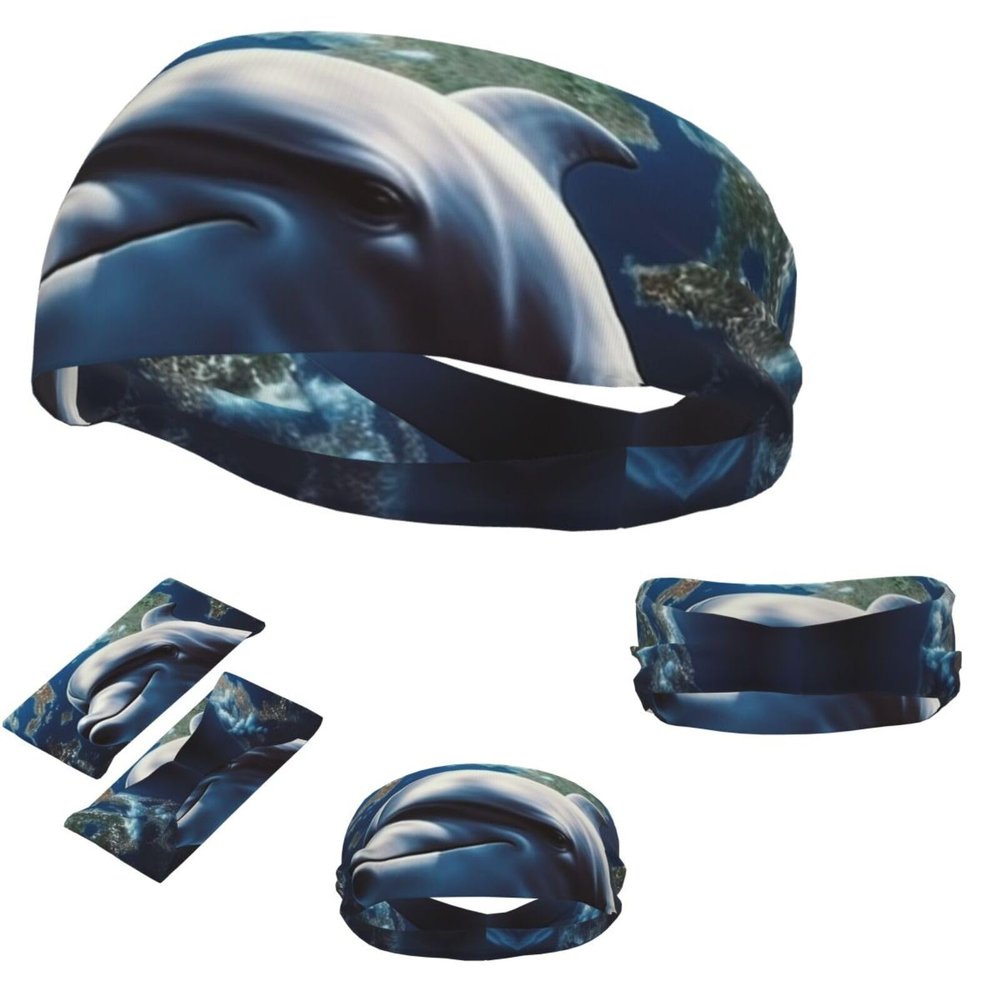 Dwrepo Sports Headbands for Men Women Sports Sweatband Dolphin earth Hairband Moisture Wicking Head Bands, Black