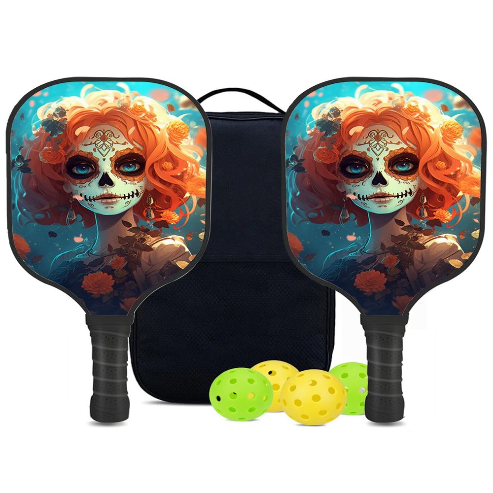 KUAVETO Carbon Fiber Pickleball Paddles Set, All The DIY Fun You can Have with Sugar Skull-BN475 Pattern Custom Made Honeycomb Polymer Core- Includes 2 Paddles, 4 Balls, and a Carry Bag