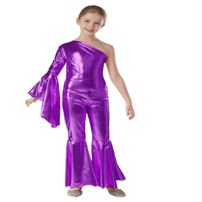 Oyolan Kids Girls One Piece Sparkle Jumpsuit with Hairband One Shoulder Long Sleeve Bell Bottom Pants Bodysuit Purple 14 Years
