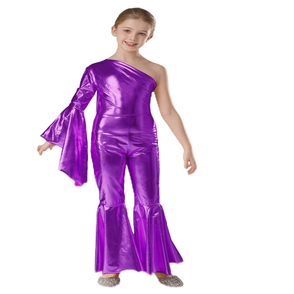 Oyolan Kids Girls One Piece Sparkle Jumpsuit with Hairband One Shoulder Long Sleeve Bell Bottom Pants Bodysuit Purple 14 Years