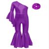 Oyolan Kids Girls One Piece Sparkle Jumpsuit with Hairband One Shoulder Long Sleeve Bell Bottom Pants Bodysuit Purple 14 Years view 3