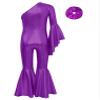Oyolan Kids Girls One Piece Sparkle Jumpsuit with Hairband One Shoulder Long Sleeve Bell Bottom Pants Bodysuit Purple 14 Years view 4