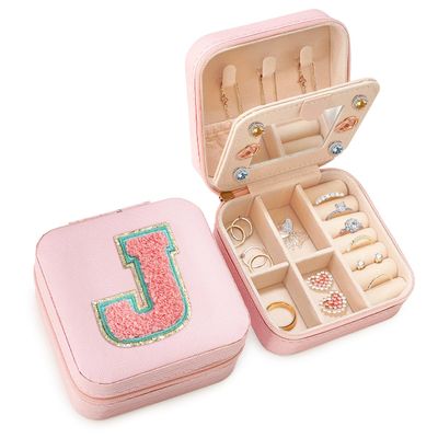 SANDJEST Personalized Jewelry Box, Pink Travel Jewelry Box with Initial J, Small Monogrammed Jewelry Case Organizer for Girls Women Teen Kids, Mini Travel Essentials Gifts for Birthday Christmas