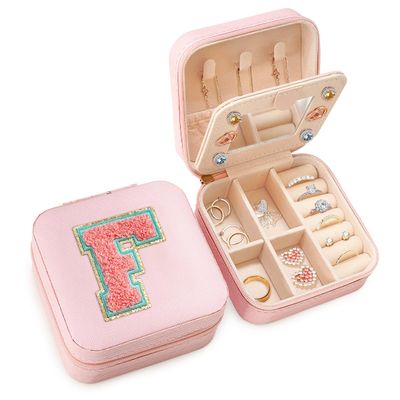 SANDJEST Personalized Jewelry Box, Pink Travel Jewelry Box with Initial F, Small Monogrammed Jewelry Case Organizer for Girls Women Teen Kids, Mini Travel Essentials Gifts for Birthday Christmas