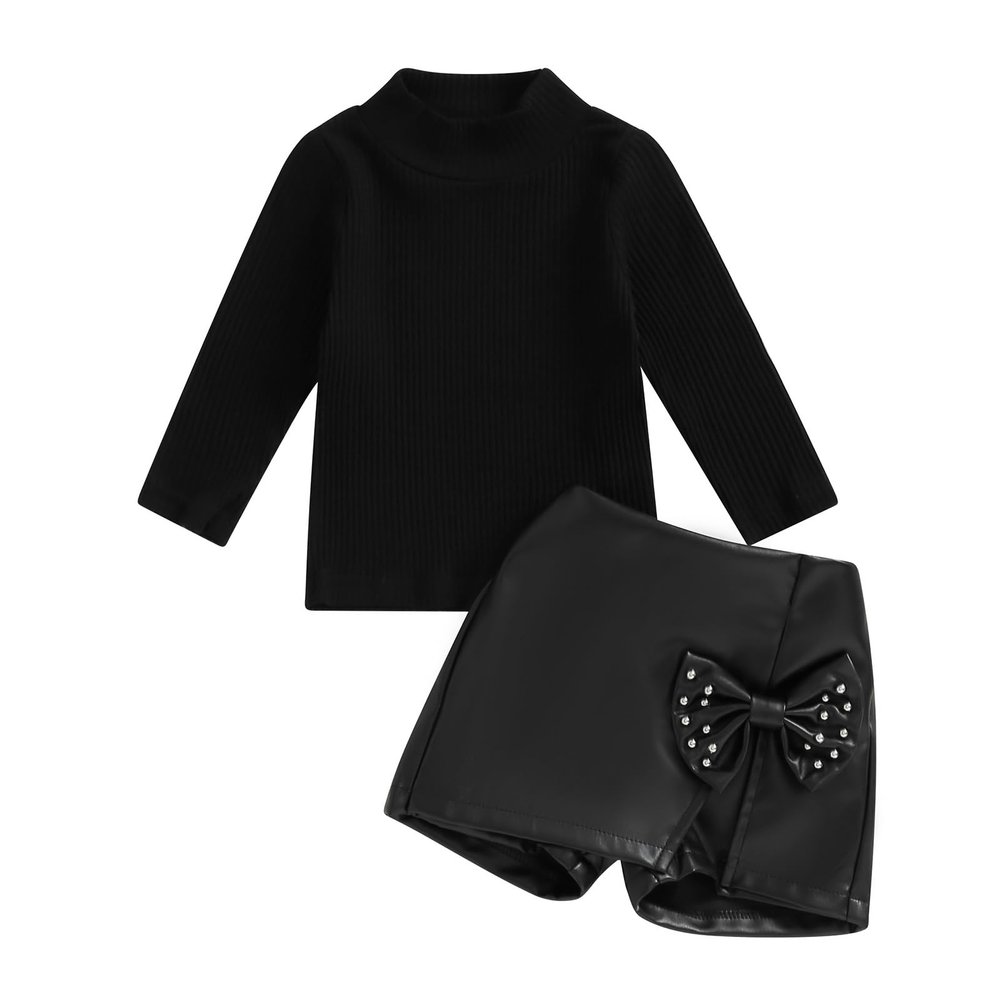 Thorn Tree Girls Skirts Set Knitted Long Sleeve Sweater Top Turtleneck Bow Skirts Shorts Fall Winter Clothes Set (Black,6-12 Months)
