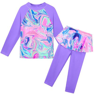 TFJH E 2PCS Long Sleeve Girls Rash Guard Sets UPF 50+ Kids Swimsuits Beachwear Ruffle Skirt Purple Agate 4A