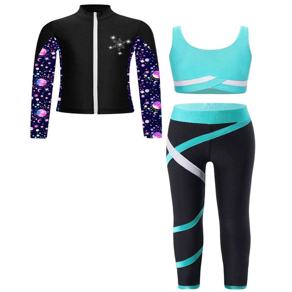 YEAHDOR Kids Girls 3 Pcs Skating Dance Outfit Jacket Crop Top with Pants Set Ice Skating Gymnastic Workout Tracksuit Blue Green 8 Years