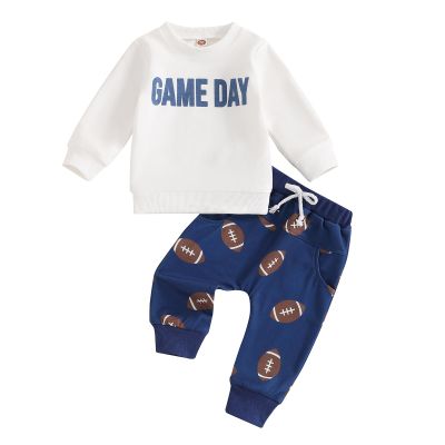 Karesoull Infant Baby Boy Outfits Football Print Sweatshirt Top with Elastic Pant 2Pcs Toddler Fall Winter Clothes Set (Game Day Blue, 12-18 Months)