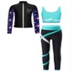 Kaerm Kids Girls Ice Skating Suit Stripe Zipper Jacket Vest with Patchwork Pants Set Yoga Workout Running Outfit Blue Green 16 Years view 1